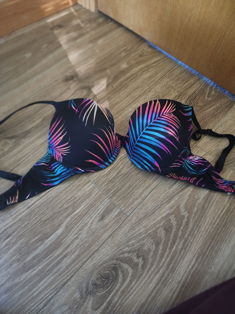 PINK Victoria's Secret Black Bra with Pink and Blue Palm Print